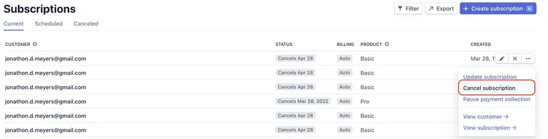 Cancelling subscription from Stripe Dashboard