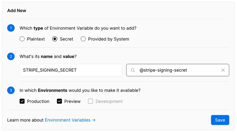 Adding environment variables in Vercel dashboard