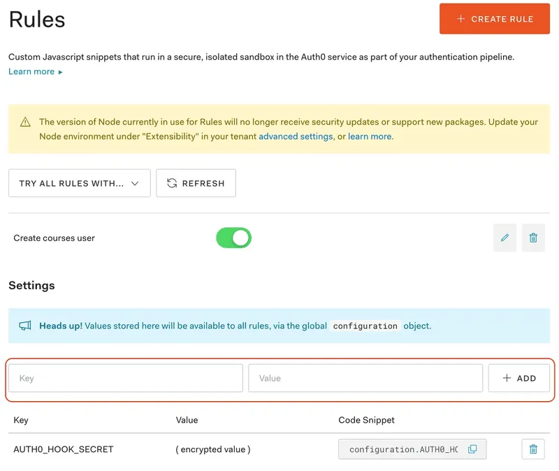 Adding secret for rule in Auth0 dashboard